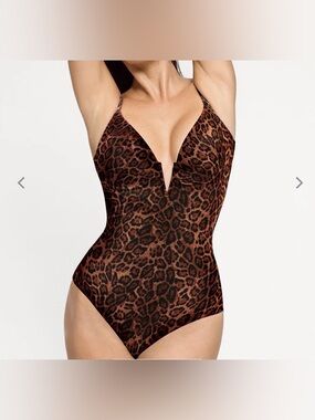 Popilush Leopard Print Plunge One-Piece Swimsuit Brown/Black size  Large new NT